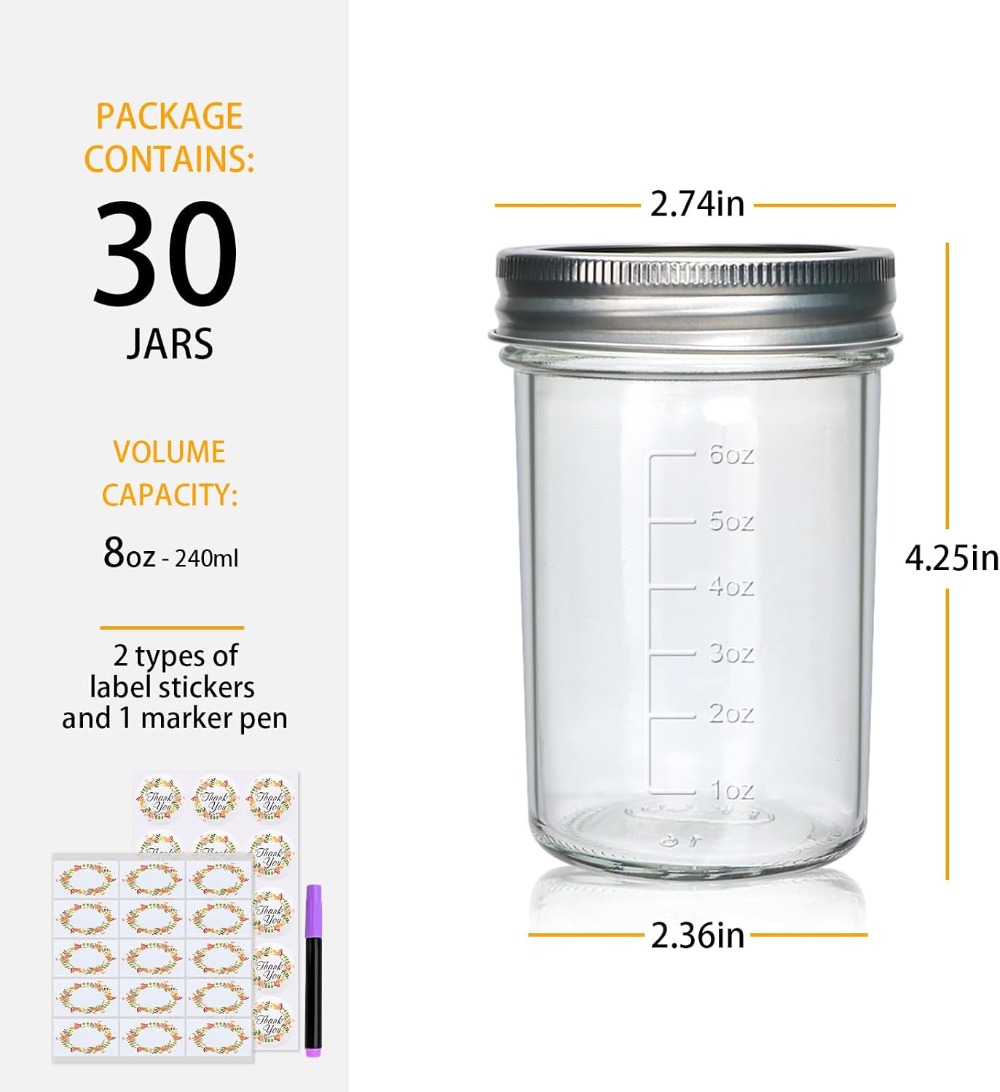 30 Pack 8 oz Mason Jars with L - Mason Jar 8Oz 评论和价格