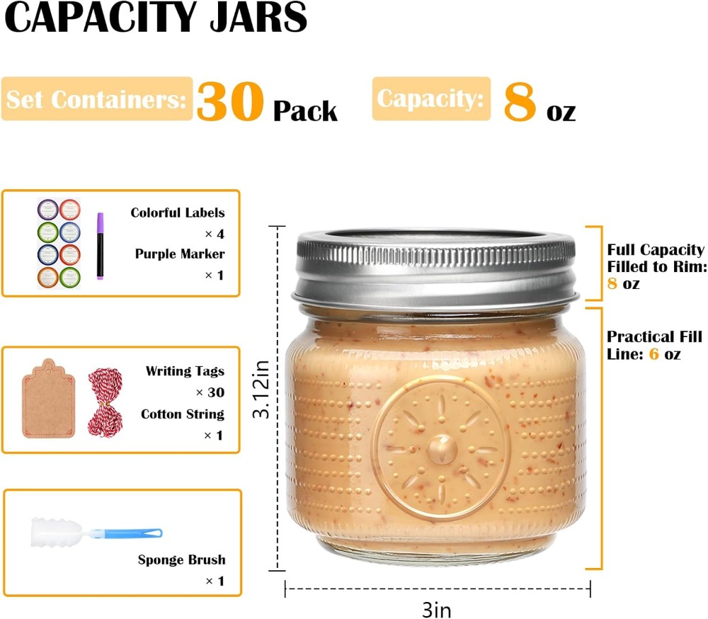 30 Pack 8 oz Mason Jars with L - Mason Jar 8Oz 评论和价格